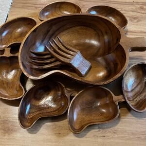 Vintage monkey pod wood salad bowl set-10 serving bowls natural wood kitchen MCM